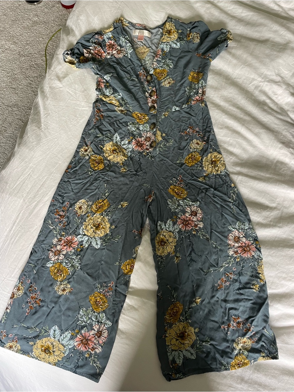 Band of Gypsies Slate Blue Floral Short-Sleeve Wide-Leg Jumpsuit